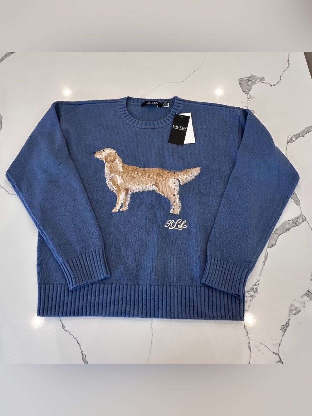 Lauren Ralph Lauren Intarsia Knit Golden Retriever Sweater Sz Small Blue NWT